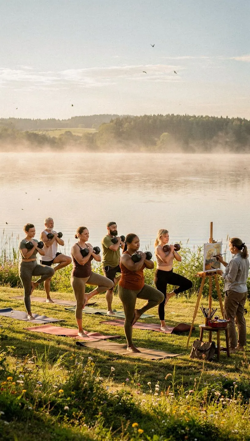 Kobieta wykonująca asanę jogi z lekkimi ciężarami w otoczeniu zieleni.