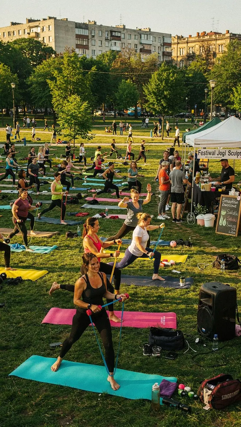 Grupa osób ćwiczących jogę z wykorzystaniem taśm oporowych, koncentrujących się na tonowaniu ciała.